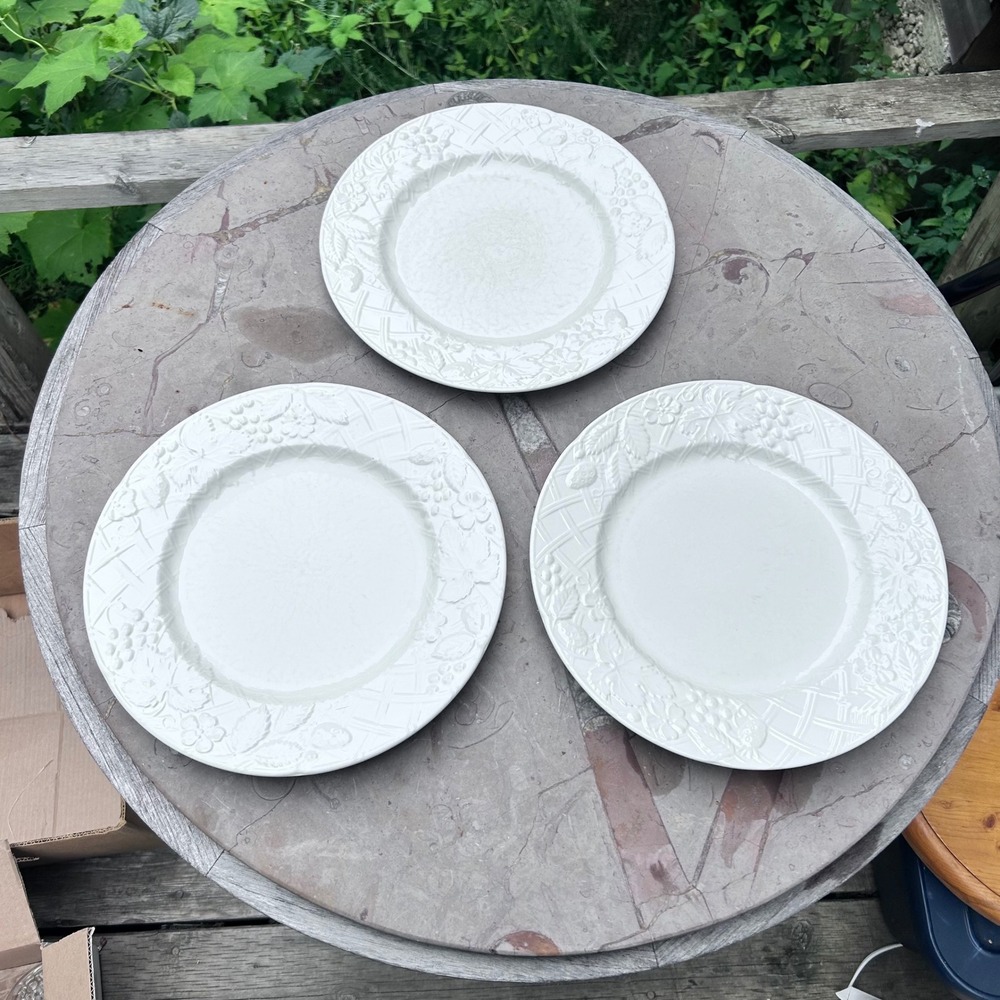 Vintage Dinner Plates Set of 3 White Embossed Basketweave Fruit Mikasa